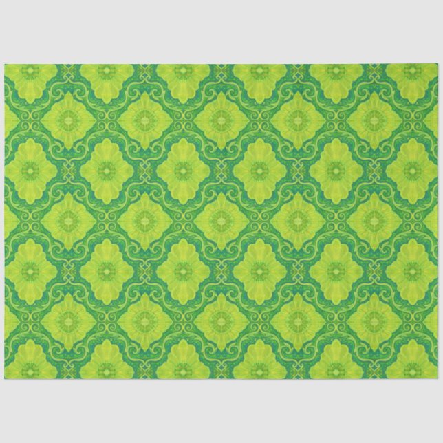 BlumenDamast Muster Grüne Zitronenblumen Gelbe Blu Seidenpapier (Vorderseite)