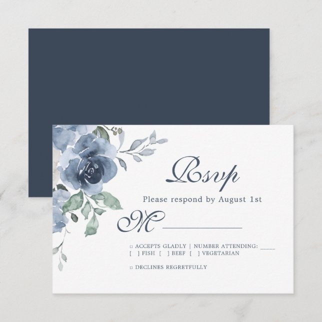 Blumendark Blue Ivory Rose Wedding RSVP Karte (Vorne/Hinten)