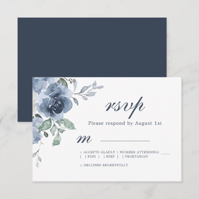 Blumendark Blue Ivory Rose Wedding RSVP Karte (Vorne/Hinten)