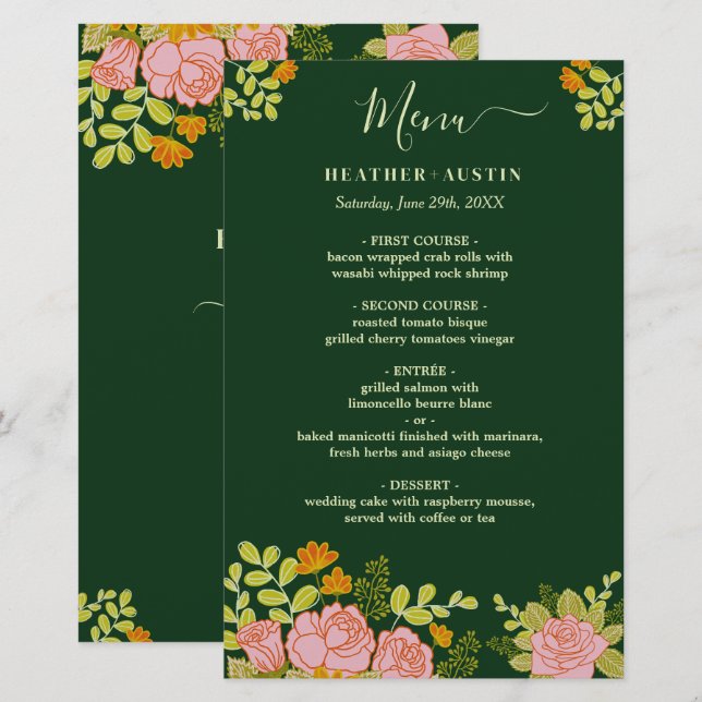 Blumendark Green Wedding Botanic Deco Menü (Vorne/Hinten)