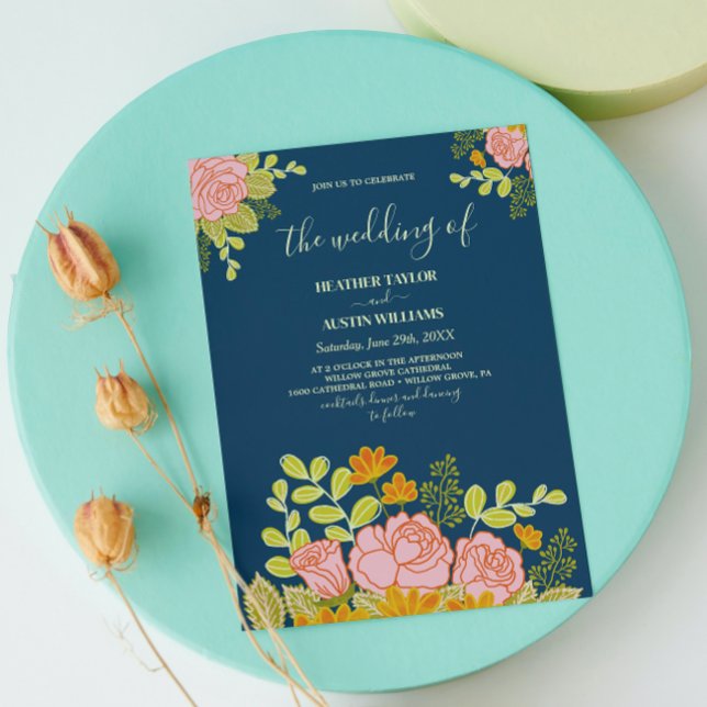 Blumendark Navy Blue Wedding Botanic Einladung (Von Creator hochgeladen)