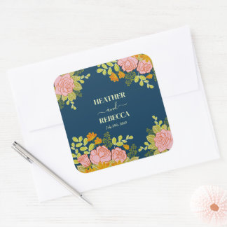 Blumendark Navy Blue Wedding Botanic Gift Quadratischer Aufkleber