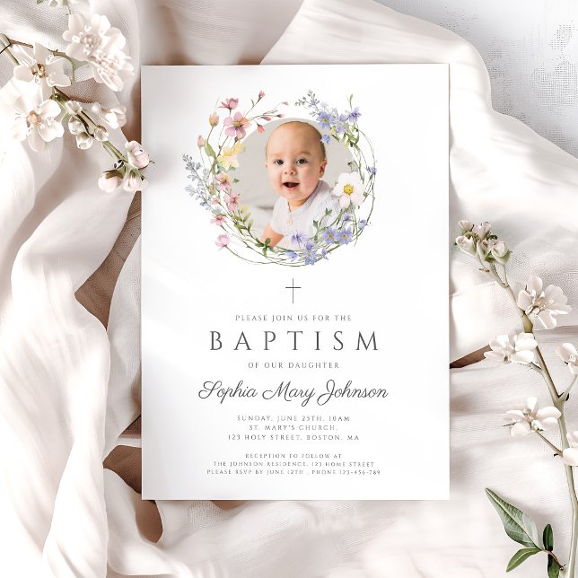 Blumendärme Wildblumen Foto Taufe Einladung (Floral Wildflowers Wreath Photo Baptism Invitation)