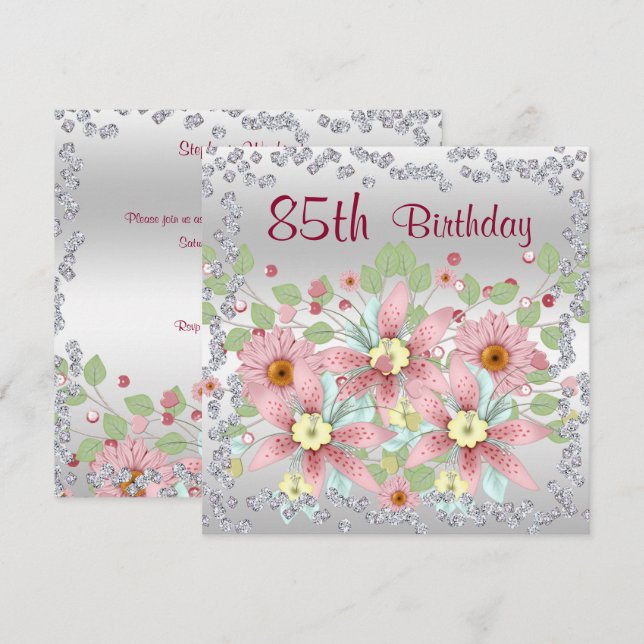 Blumendarstellung und Diamanten zum 85. Geburtstag Einladung (Vorne/Hinten)