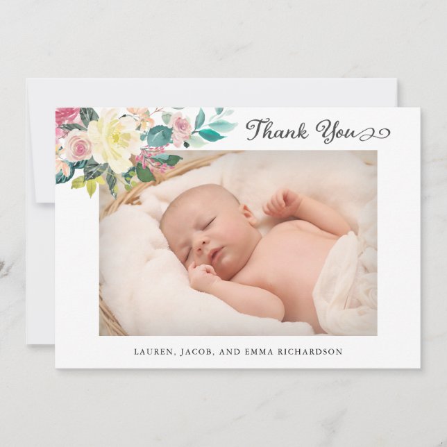 Blumendas zwei Foto-Baby-Geburts-Mitteilung danken Dankeskarte (Vorderseite)