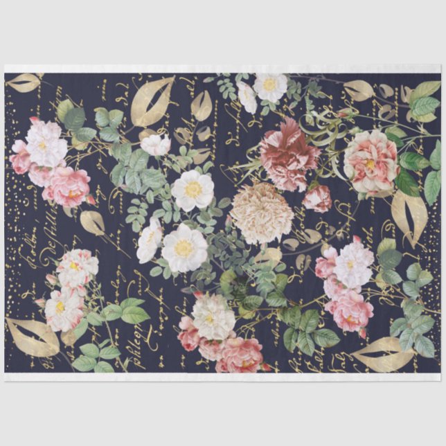 Blumendekoupage Rosa Blume Rose Navy Blue Gold Seidenpapier (Vorderseite)