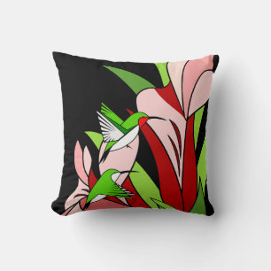 Blumendesign mit Hummingvögeln auf schwarz Kissen