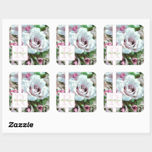 Blumendesign   Rosa Rose   Monogramm Quadratischer Aufkleber