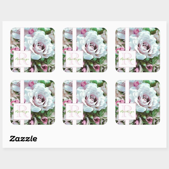 Blumendesign | Rosa Rose | Monogramm Quadratischer Aufkleber (Blatt)