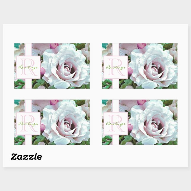 Blumendesign | Rosa Rose | Monogramm Rechteckiger Aufkleber (Blatt)