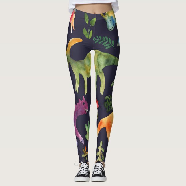 Blumendinosaurier: Design der Aquarellstoffe Leggings (Vorderseite)