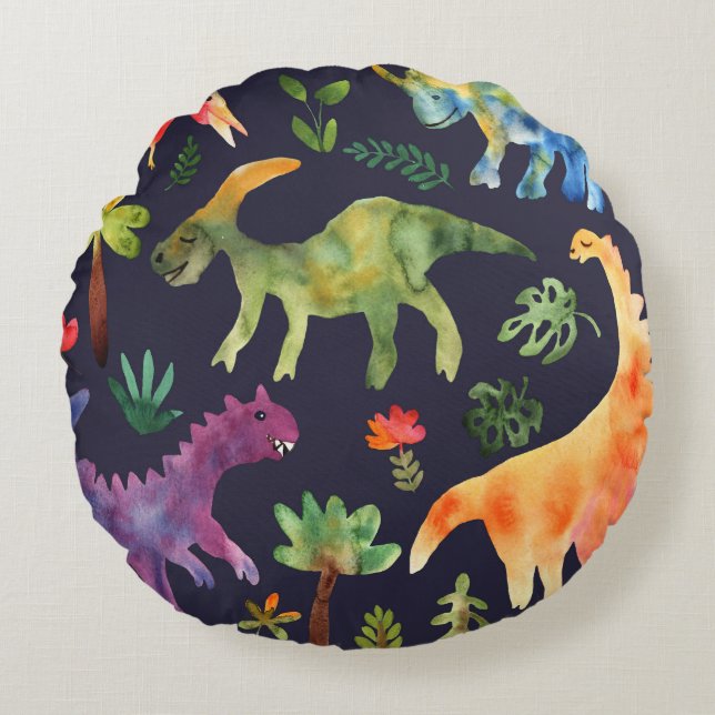 Blumendinosaurier: Design der Aquarellstoffe Rundes Kissen (Vorderseite)