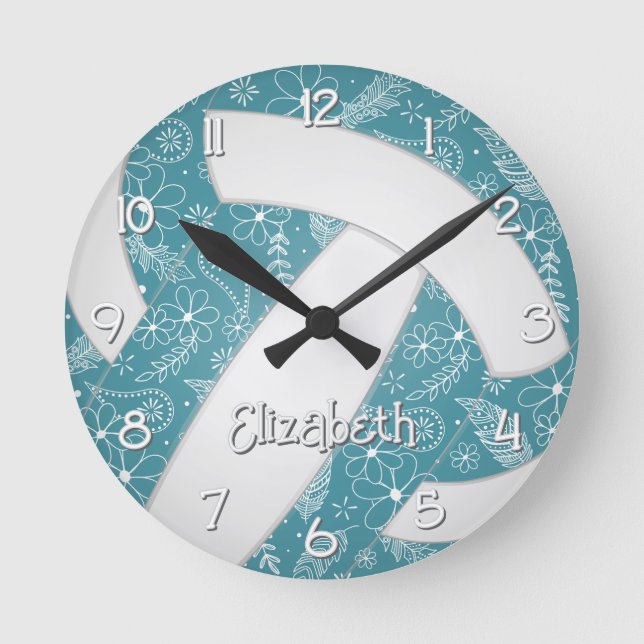 Blumendoodle aquamarines Boho-Sportvolleyball Runde Wanduhr (Vorderseite)