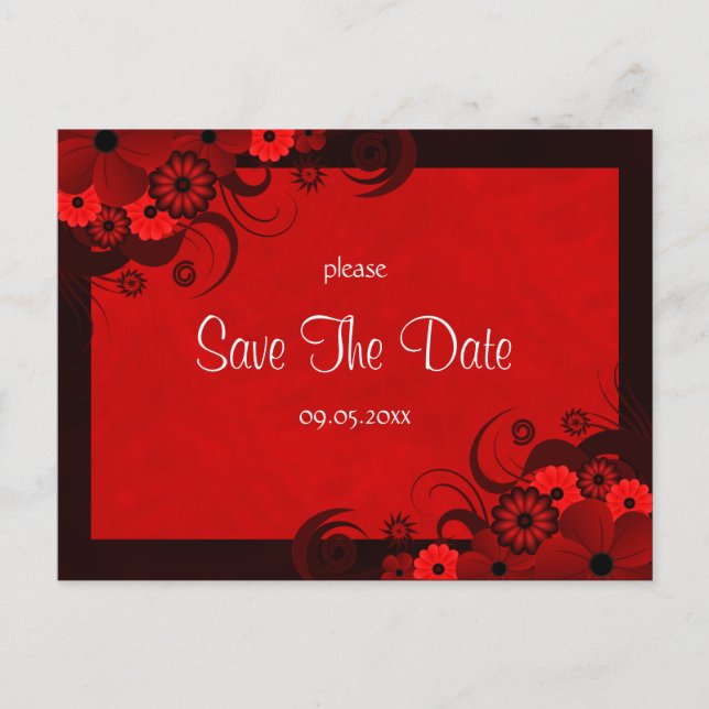 Blumendunkelrote, gotische Save the Date Postkarte (Vorderseite)