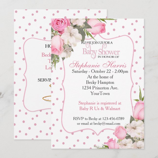 Blumendusche Einladung mit rosa Rosen (Vorne/Hinten)