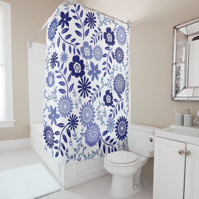 Blumenduschvorhang (blau und weiß) duschvorhang (Beispiel)