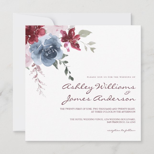 Blumendusty Blue Burgund Rose Elegante Hochzeit in Einladung (Vorderseite)