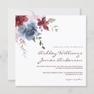 Blumendusty Blue Burgund Rose Elegante Hochzeit in Einladung