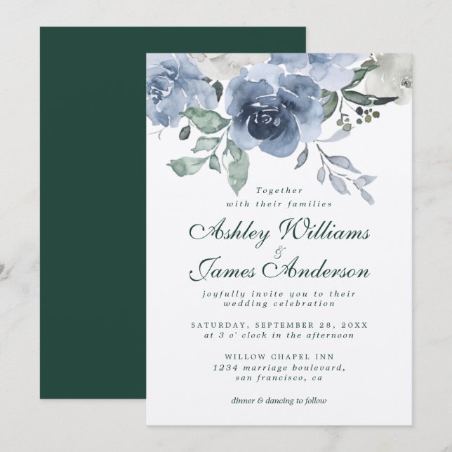 Blumendusty Blue Ivory Rose Dunkelgrüne Hochzeit Einladung (Vorne/Hinten)