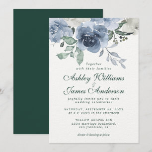 Blumendusty Blue Ivory Rose Dunkelgrüne Hochzeit Einladung