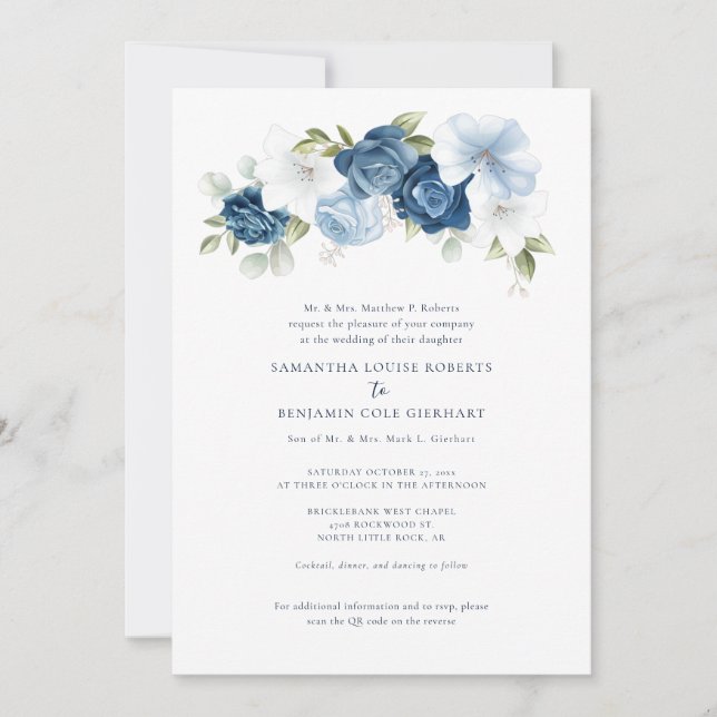 Blumendusty Blue QR-Code bei einer Hochzeit Einladung (Vorderseite)