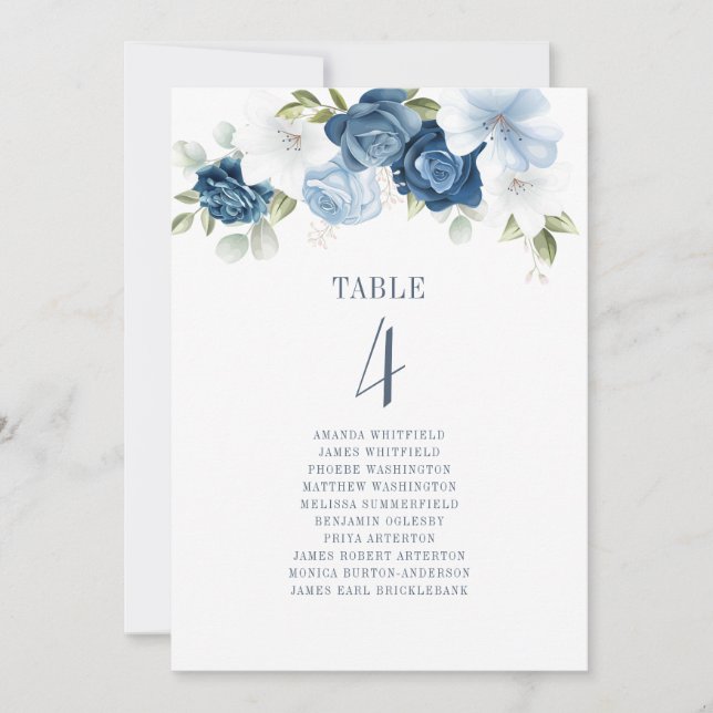 Blumendusty Blue Tischnummer 4 Hochzeitssitze (Vorderseite)