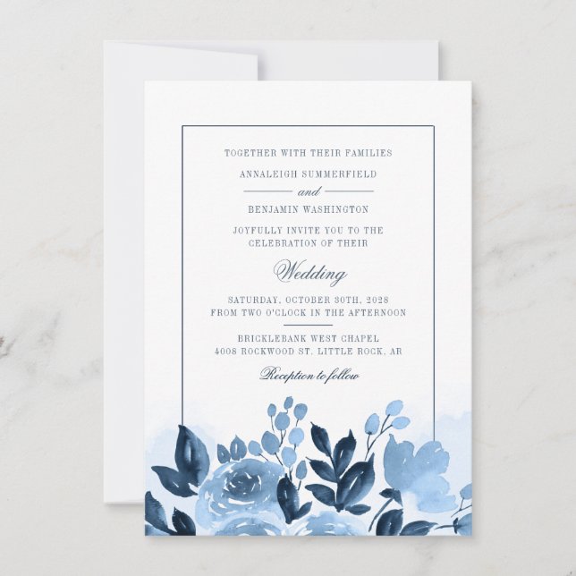 Blumendusty Blue Watercolor Blush Wedding Einladung (Vorderseite)