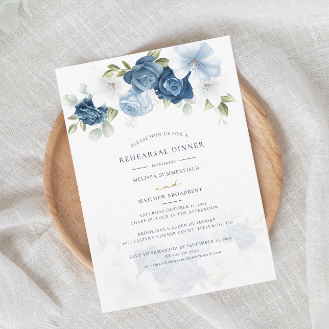 Blumendusty Blue Wedding Probe Dinner Einladung (Dusty Blue Watercolor Floral Wedding Rehearsal Dinner Invitation)
