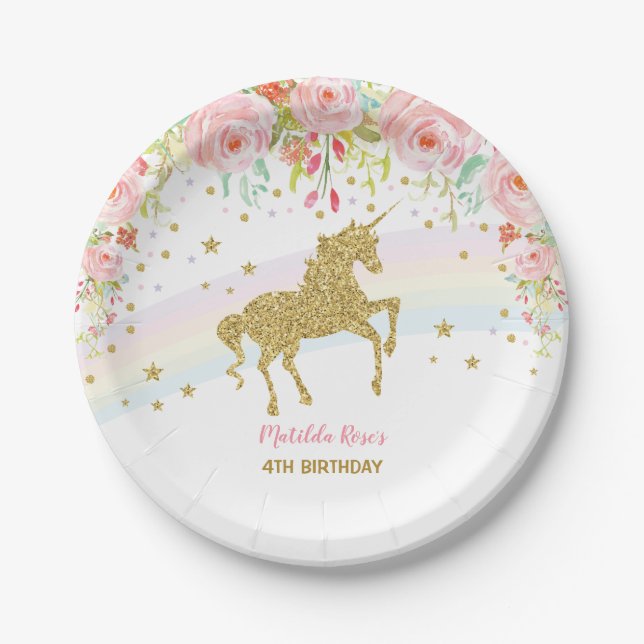 BlumenEinhorn-Rosa-Goldregenbogen-Geburtstag 7" Pappteller (Vorderseite)