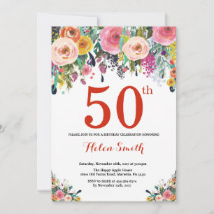 Blumeneinladung zum 50. Geburtstag Rot Einladung