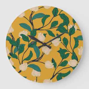 Blumeneleganz: Vintages Blattmuster. Große Wanduhr