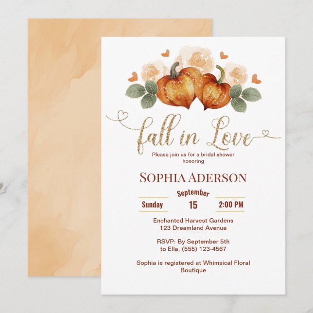 Blumenfall in Liebe Pumpkin Herz Brautparty Einladung (Vorne/Hinten)
