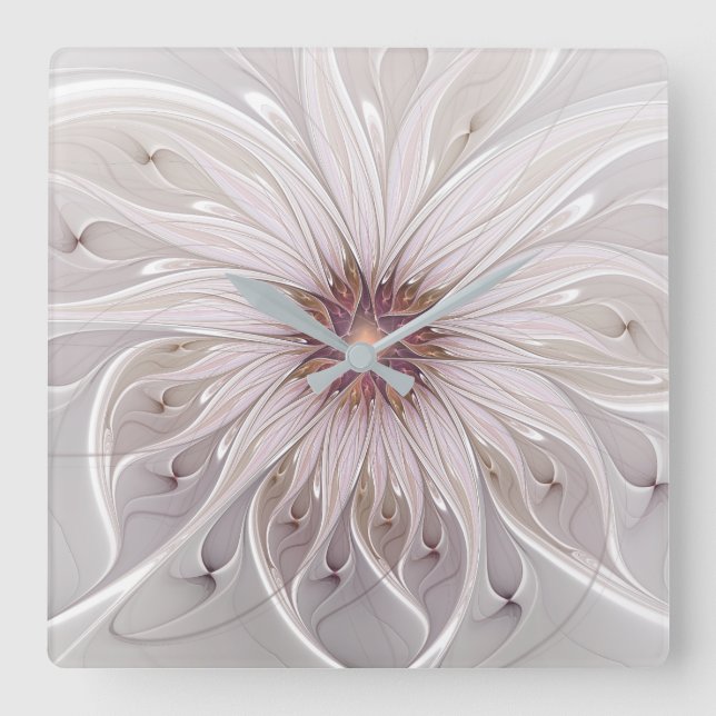 Blumenfantasie, Abstrakte moderne Pastell-Blume Quadratische Wanduhr (Vorderseite)