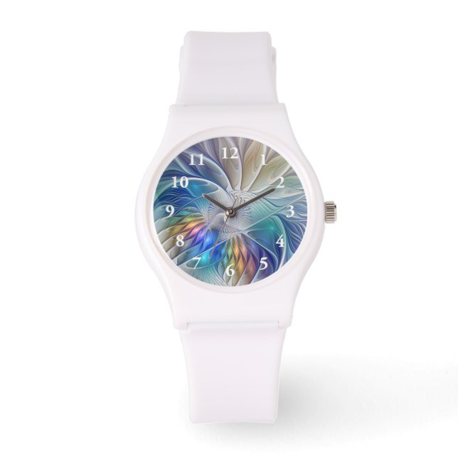 Blumenfantasie, buntes Abstraktes Fraktal Blume Armbanduhr (Vorderseite)