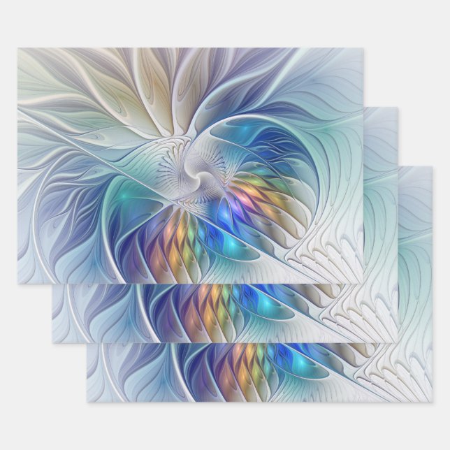 Blumenfantasie, buntes Abstraktes Fraktal Blume Geschenkpapier Set (Set)