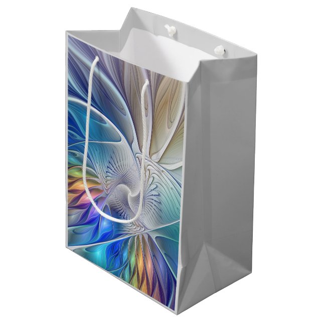 Blumenfantasie, buntes Abstraktes Fraktal Blume Mittlere Geschenktüte (Vorderseite Schrägansicht)