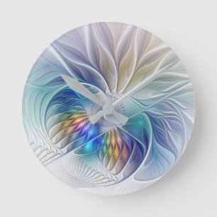 Blumenfantasie, farbenfrohe abstrakte fraktale Blu Runde Wanduhr