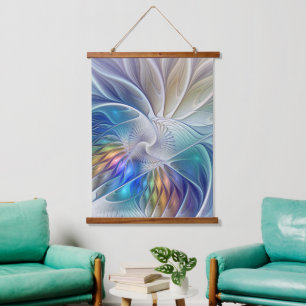 Blumenfantasie, farbenfrohe abstrakte fraktale Blu Wandteppich Mit Holzrahmen