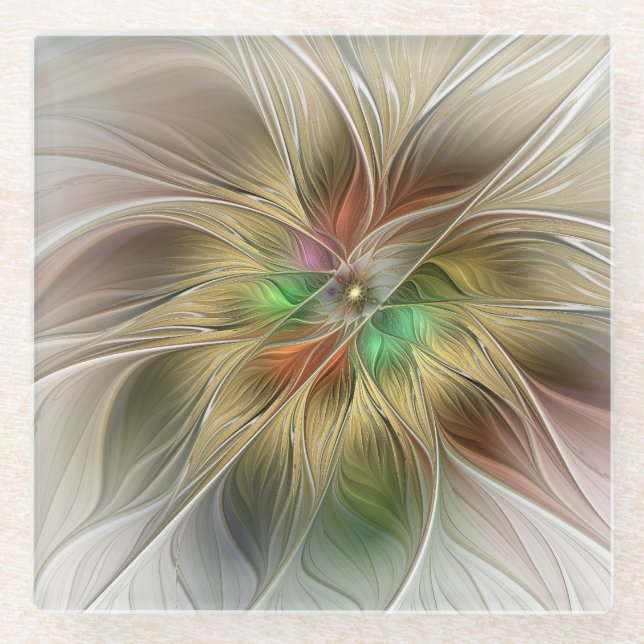 Blumenfantasie mit Gold Modernes Abstraktes Frakta Glasuntersetzer (Vorderseite)