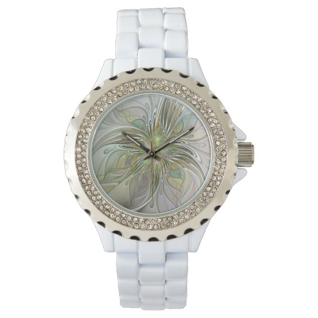 Blumenfantasie Modernes Fraktal Blume mit Gold Armbanduhr (Vorderseite)