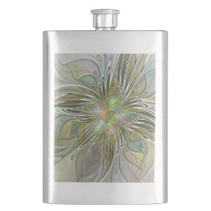 Blumenfantasie Modernes Fraktal Blume mit Gold Flachmann
