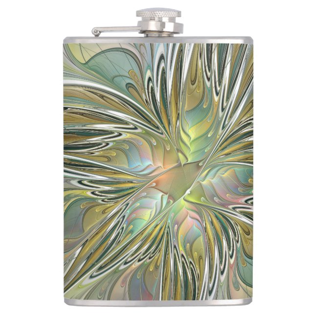 Blumenfantasie Modernes Fraktal Blume mit Gold Flachmann (Vorderseite)