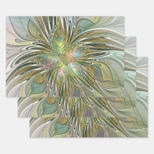 Blumenfantasie Modernes Fraktal Blume mit Gold Geschenkpapier Set