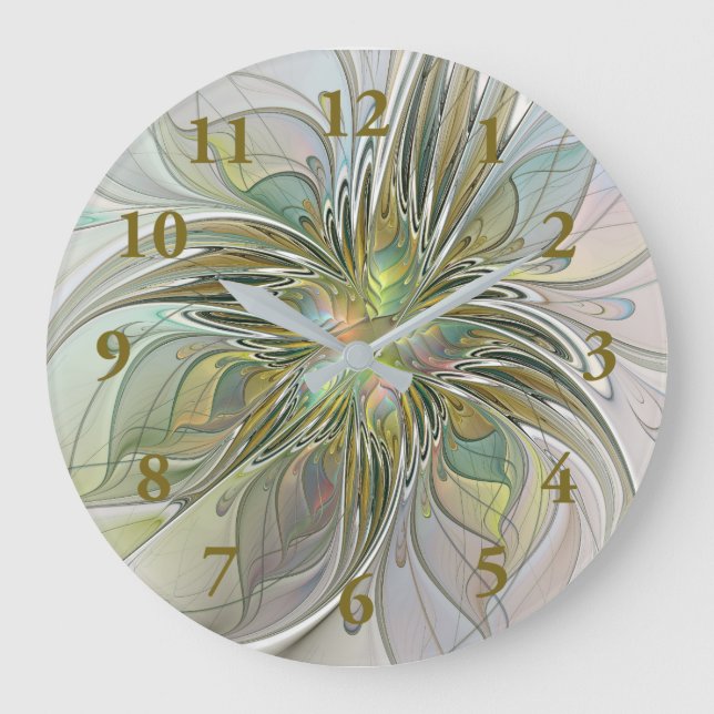 Blumenfantasie Modernes Fraktal Blume mit Gold Große Wanduhr (Vorderseite)