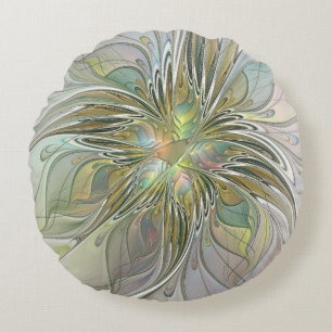 Blumenfantasie Modernes Fraktal Blume mit Gold Rundes Kissen