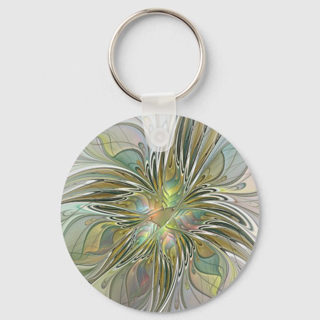 Blumenfantasie Modernes Fraktal Blume mit Gold Schlüsselanhänger (Vorderseite)