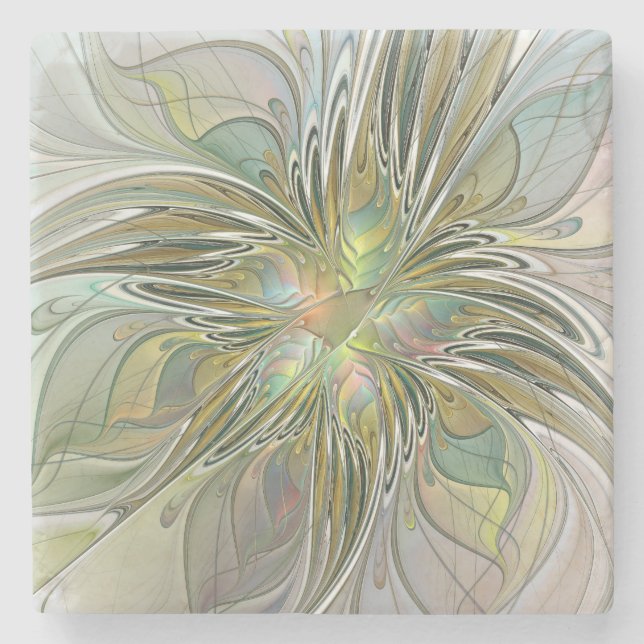 Blumenfantasie Modernes Fraktal Blume mit Gold Steinuntersetzer (Vorderseite)