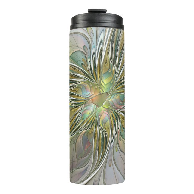 Blumenfantasie Modernes Fraktal Blume mit Gold Thermosbecher (Vorderseite)