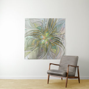 Blumenfantasie Modernes Fraktal Blume mit Gold Wandteppich