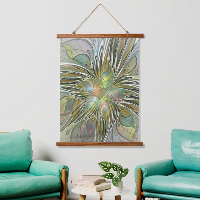 Blumenfantasie Modernes Fraktal Blume mit Gold Wandteppich Mit Holzrahmen (Wohnzimmer)